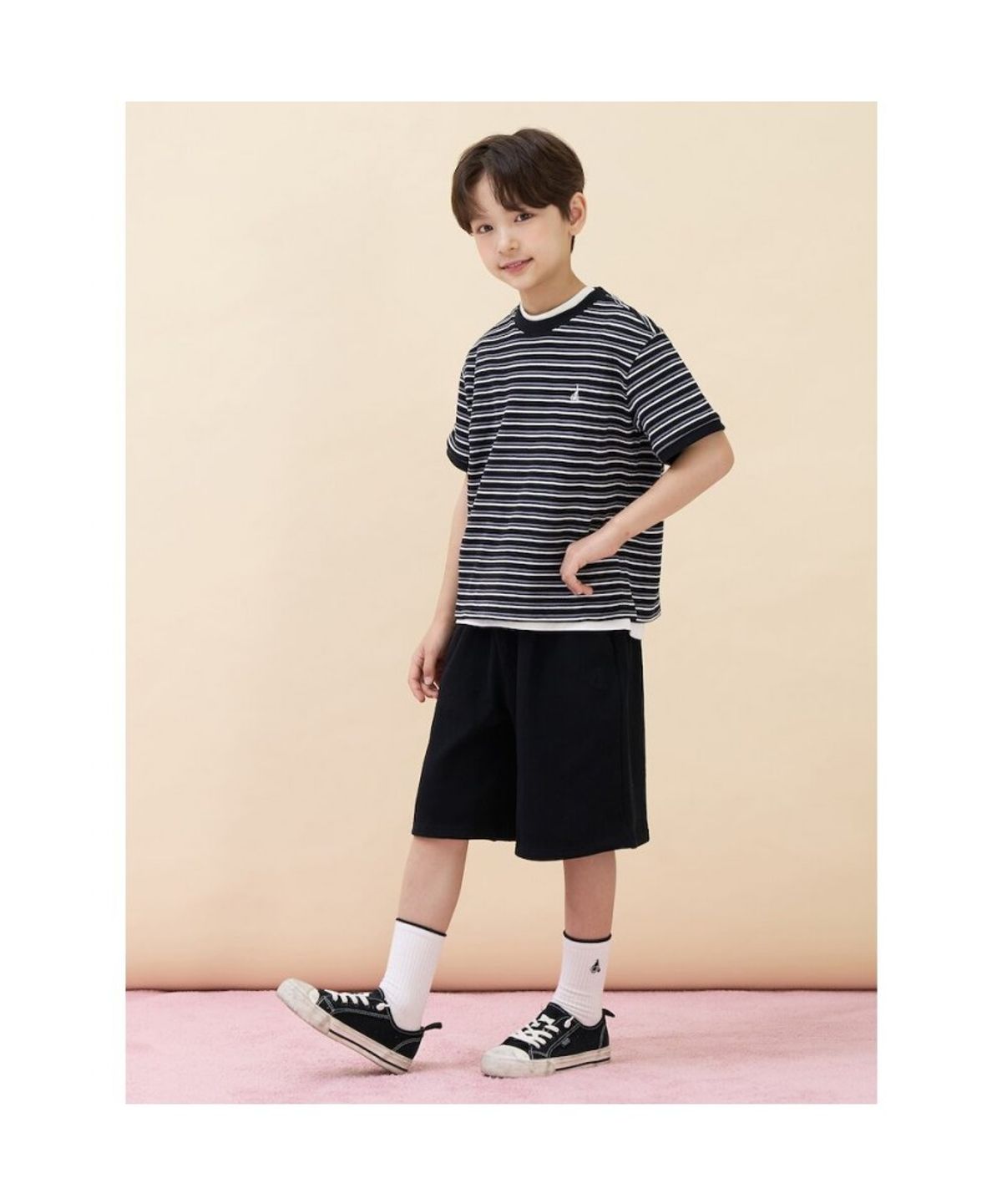 빈폴 키즈(BEANPOLE KIDS) 와플 스트라이프 반소매 상하세트  블랙 (BI6742U015)
