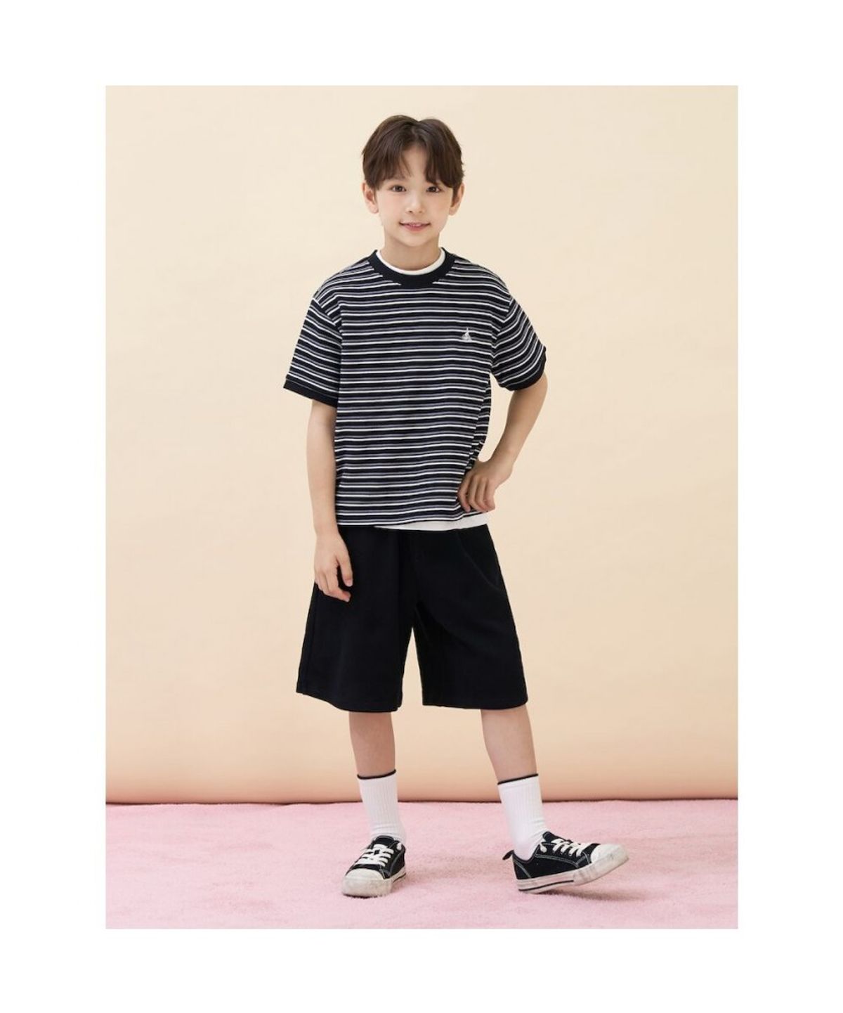빈폴 키즈(BEANPOLE KIDS) 와플 스트라이프 반소매 상하세트  블랙 (BI6742U015)