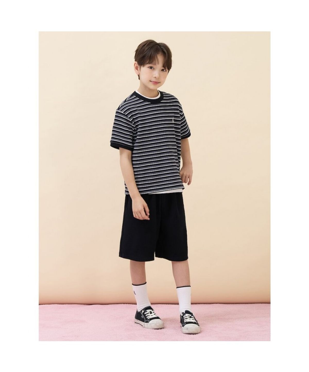 빈폴 키즈(BEANPOLE KIDS) 와플 스트라이프 반소매 상하세트  블랙 (BI6742U015)