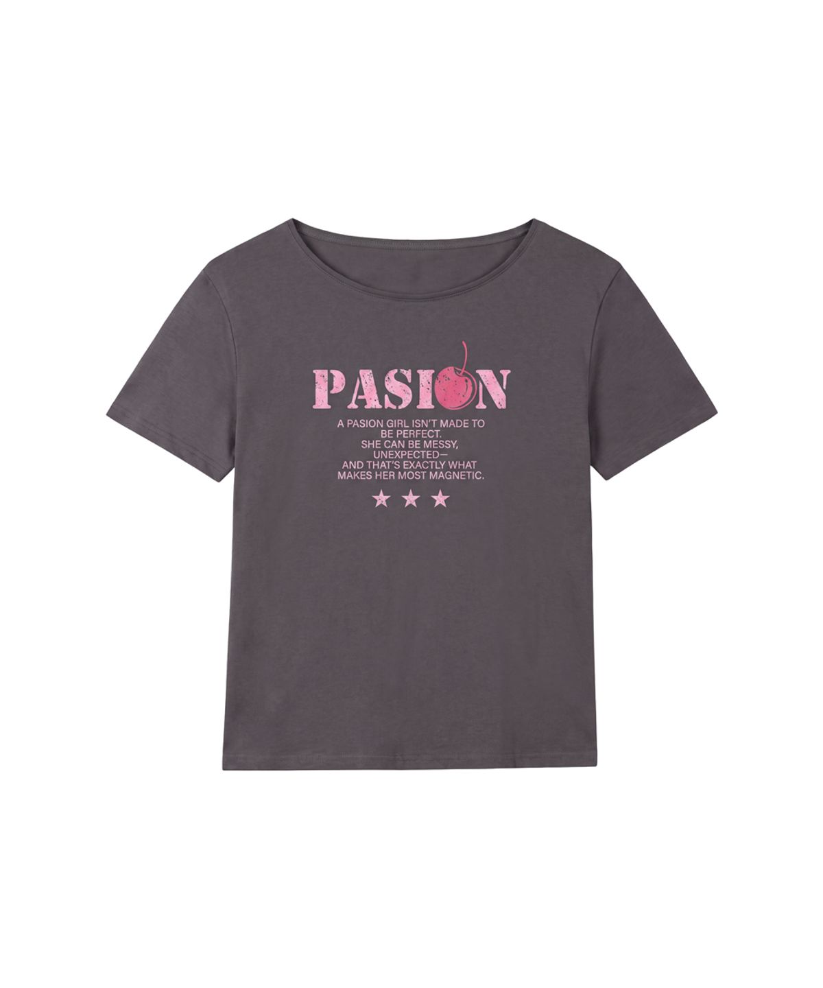 파시온(PASION) 체리 팝 오프숄더 반팔티_차콜 Cherry Pop Off-Shoulder Short Sleeve Tee_Charcoal