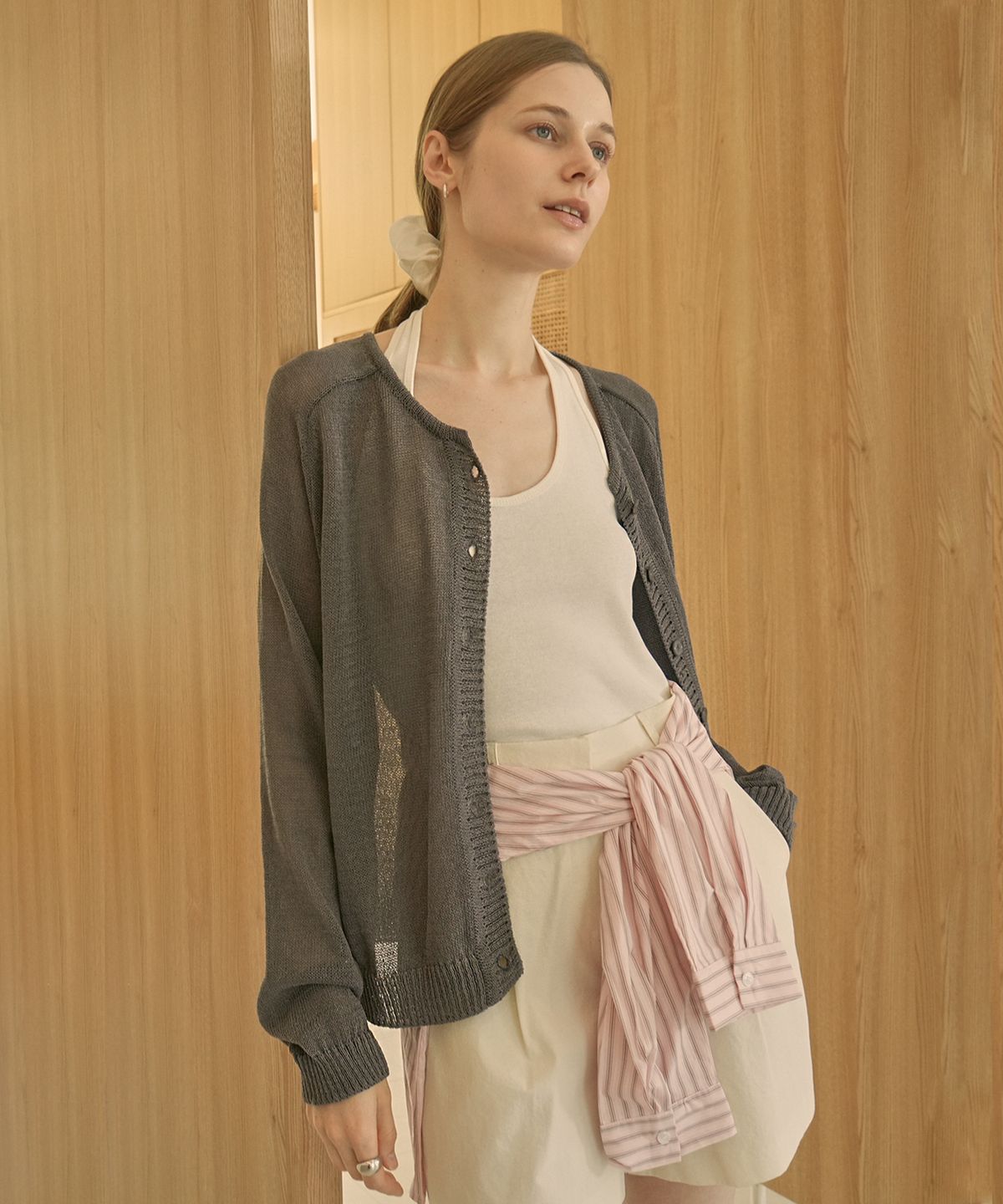 블레티(VLETI) Summer Raglan Button Round-Neck Knit Cardigan (gray)