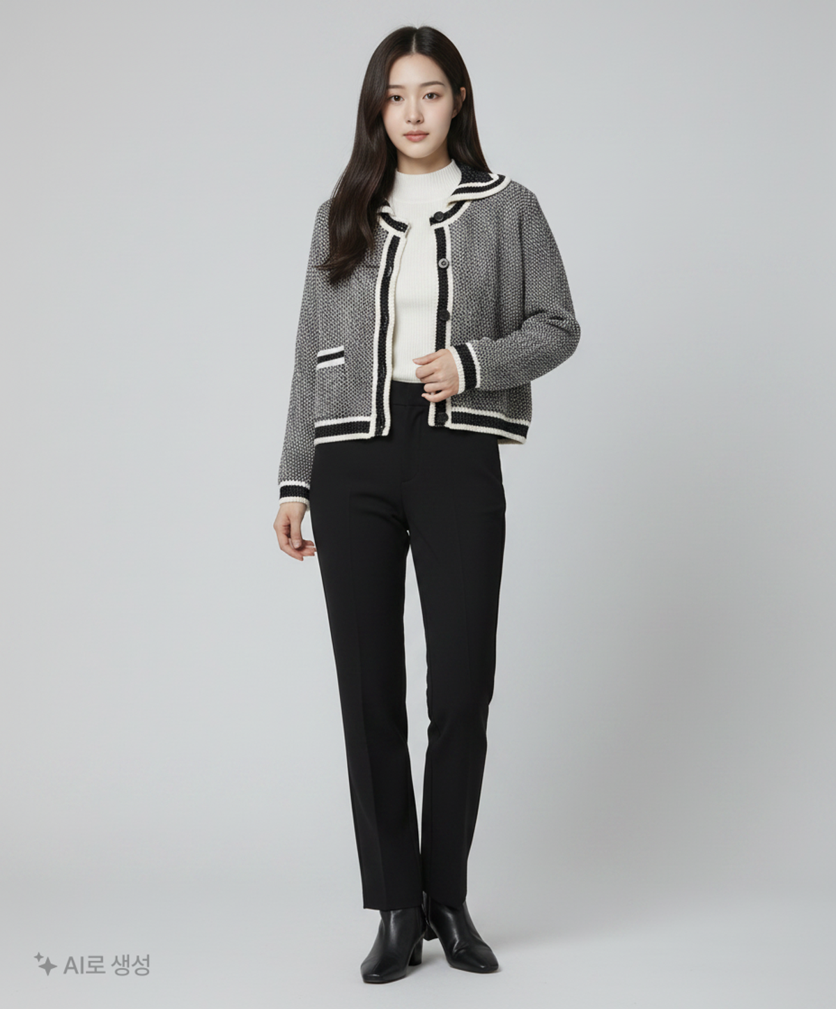 마리끌레르(MARIE CLAIRE) 배색 와이드 카라 니트 가디건(MADDKC03MA) 85-88-155(38)