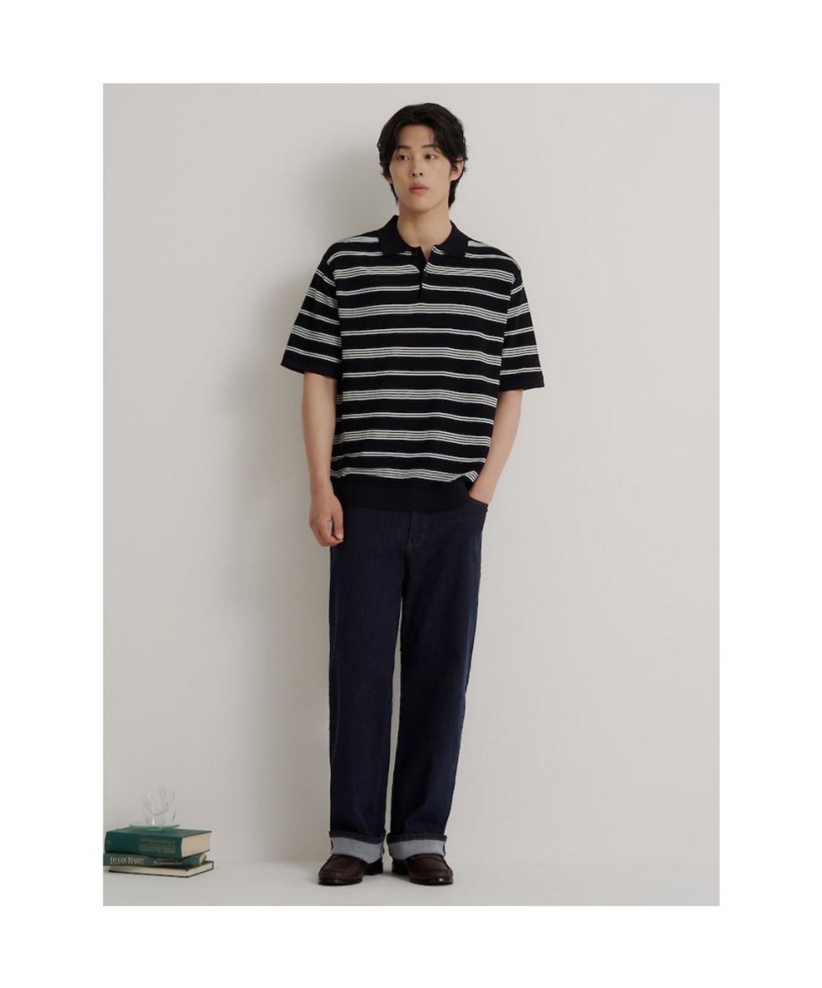 빈폴 멘(BEANPOLE MEN) 스트라이프 칼라넥 니트  블랙