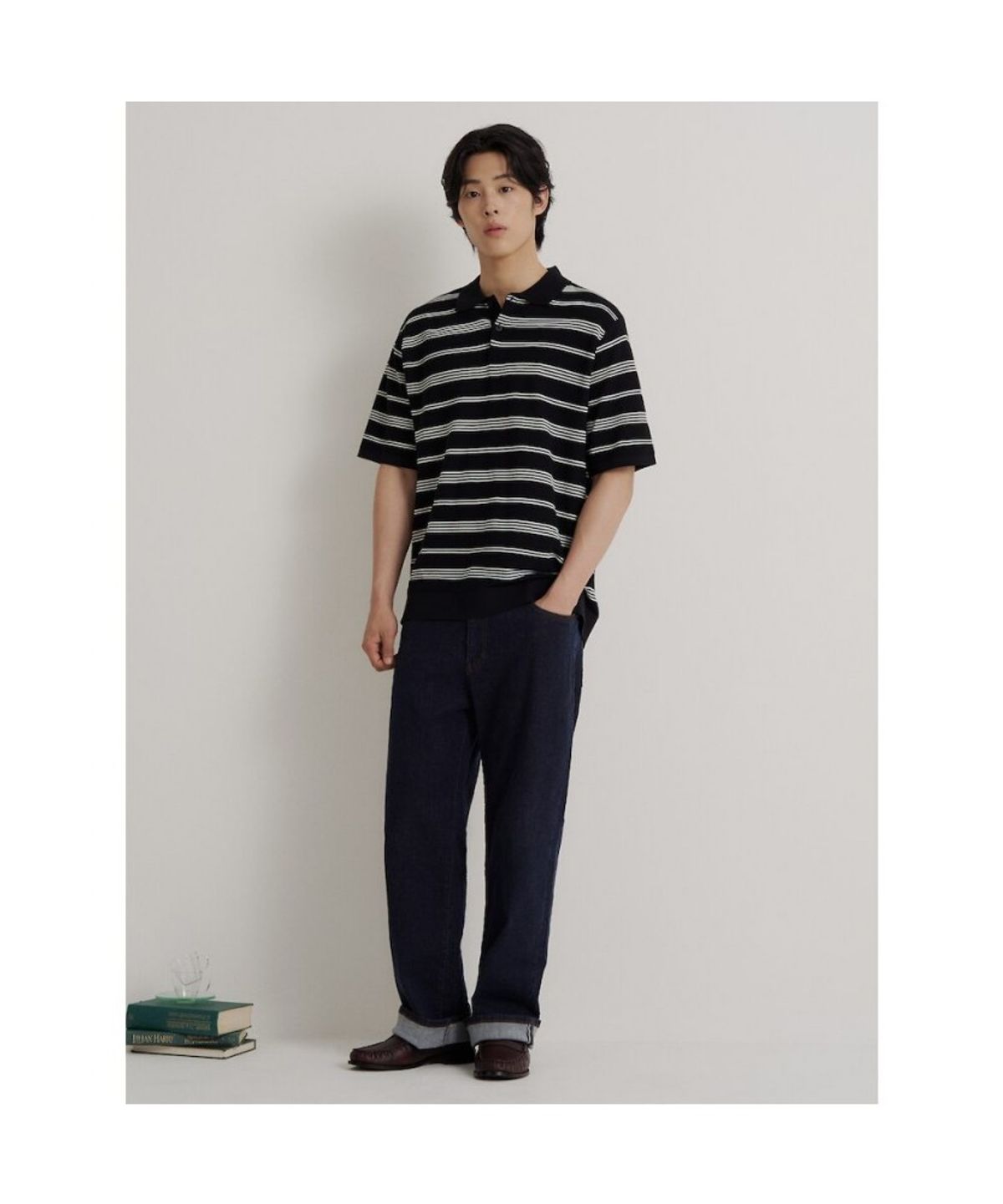 빈폴 멘(BEANPOLE MEN) 스트라이프 칼라넥 니트  블랙