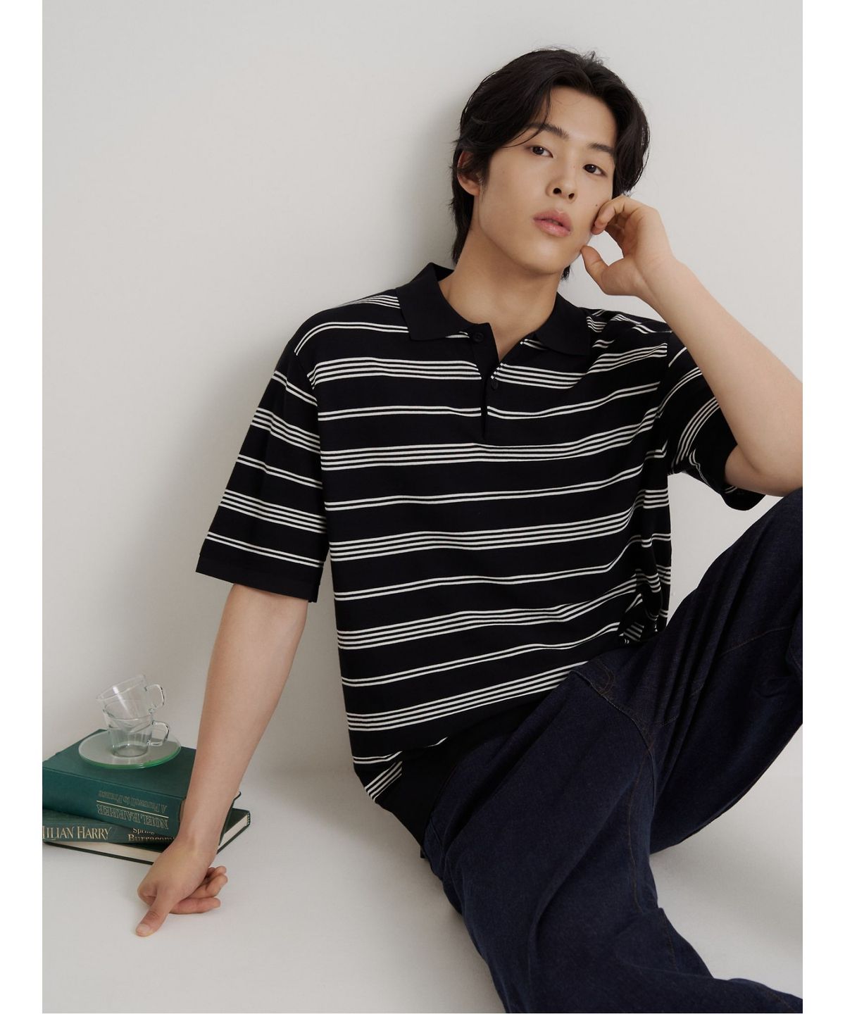 빈폴 멘(BEANPOLE MEN) 스트라이프 칼라넥 니트  블랙