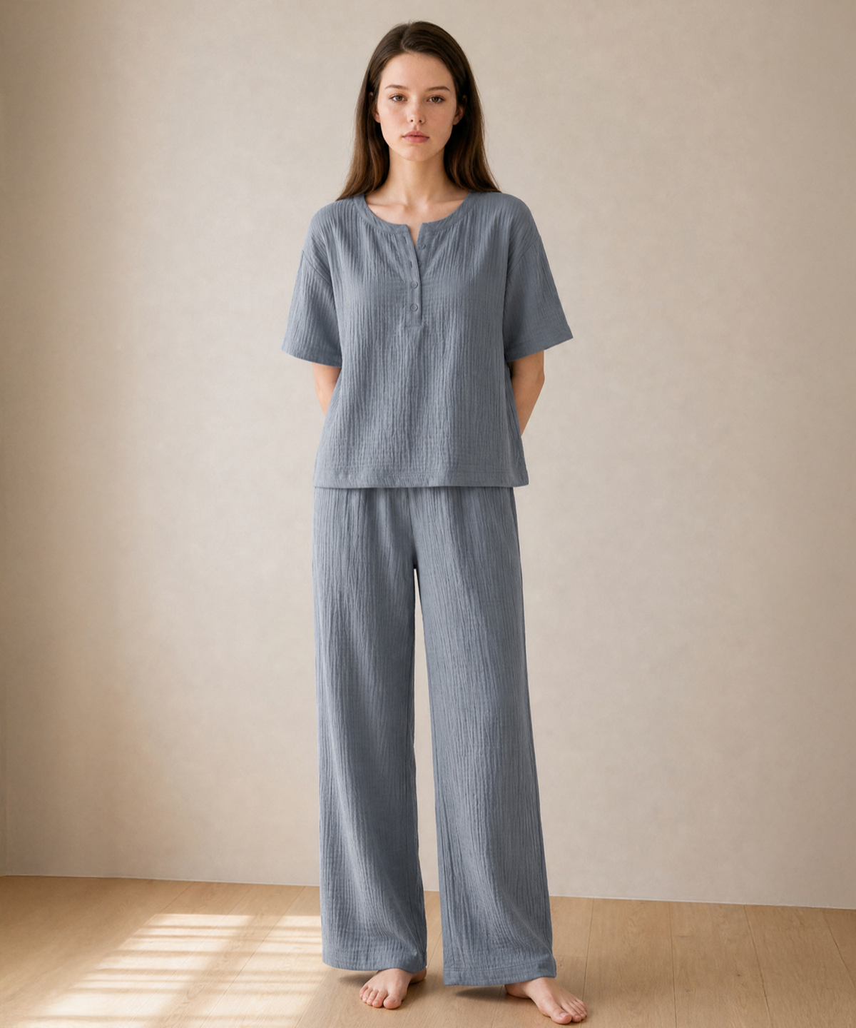 보일하우스(BOIL HOUSE) Airy Cotton Long Pants Pajama Set (blue grey)