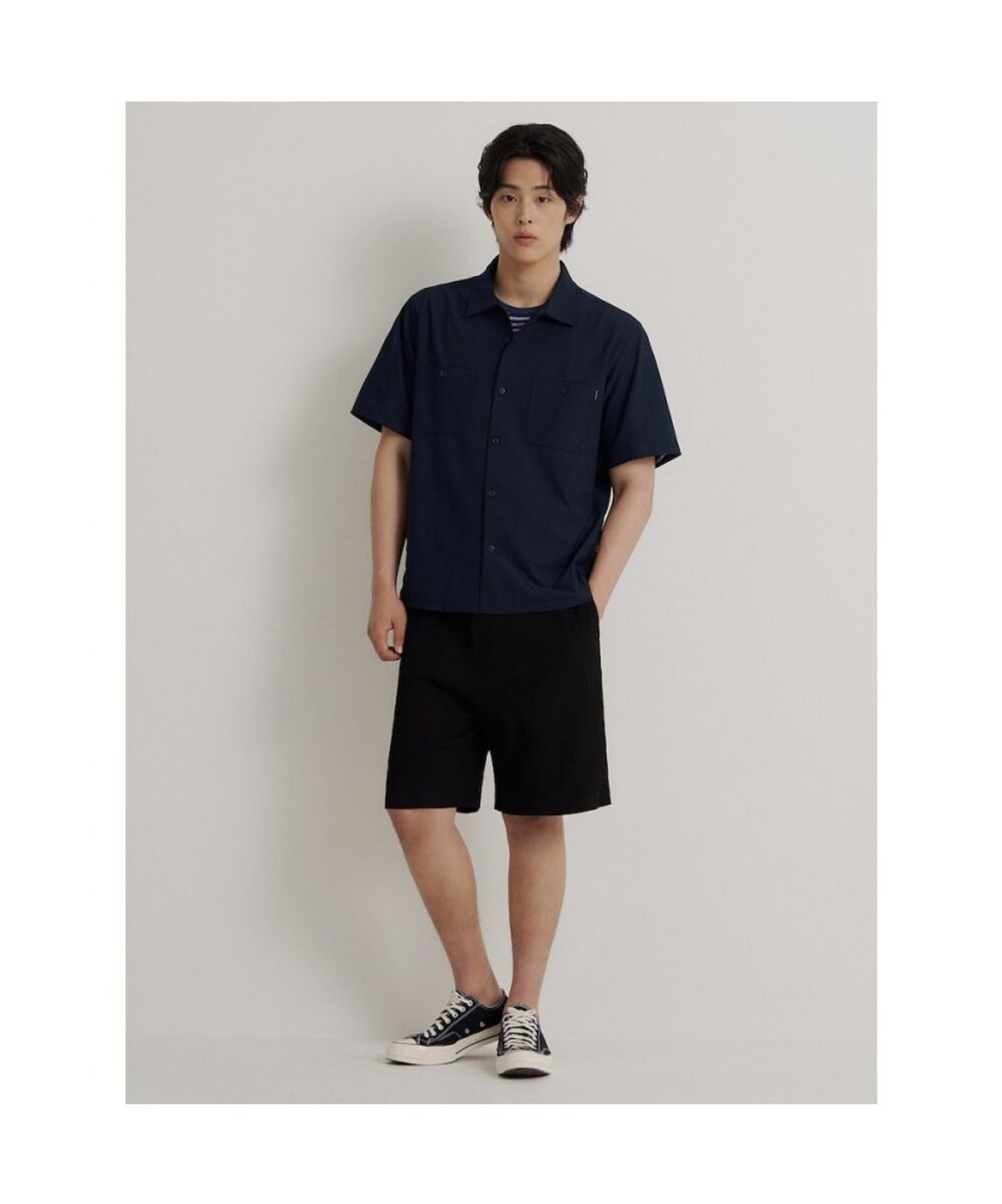 빈폴 멘(BEANPOLE MEN) 에어도트 셔츠형 풀오픈 티셔츠  네이비