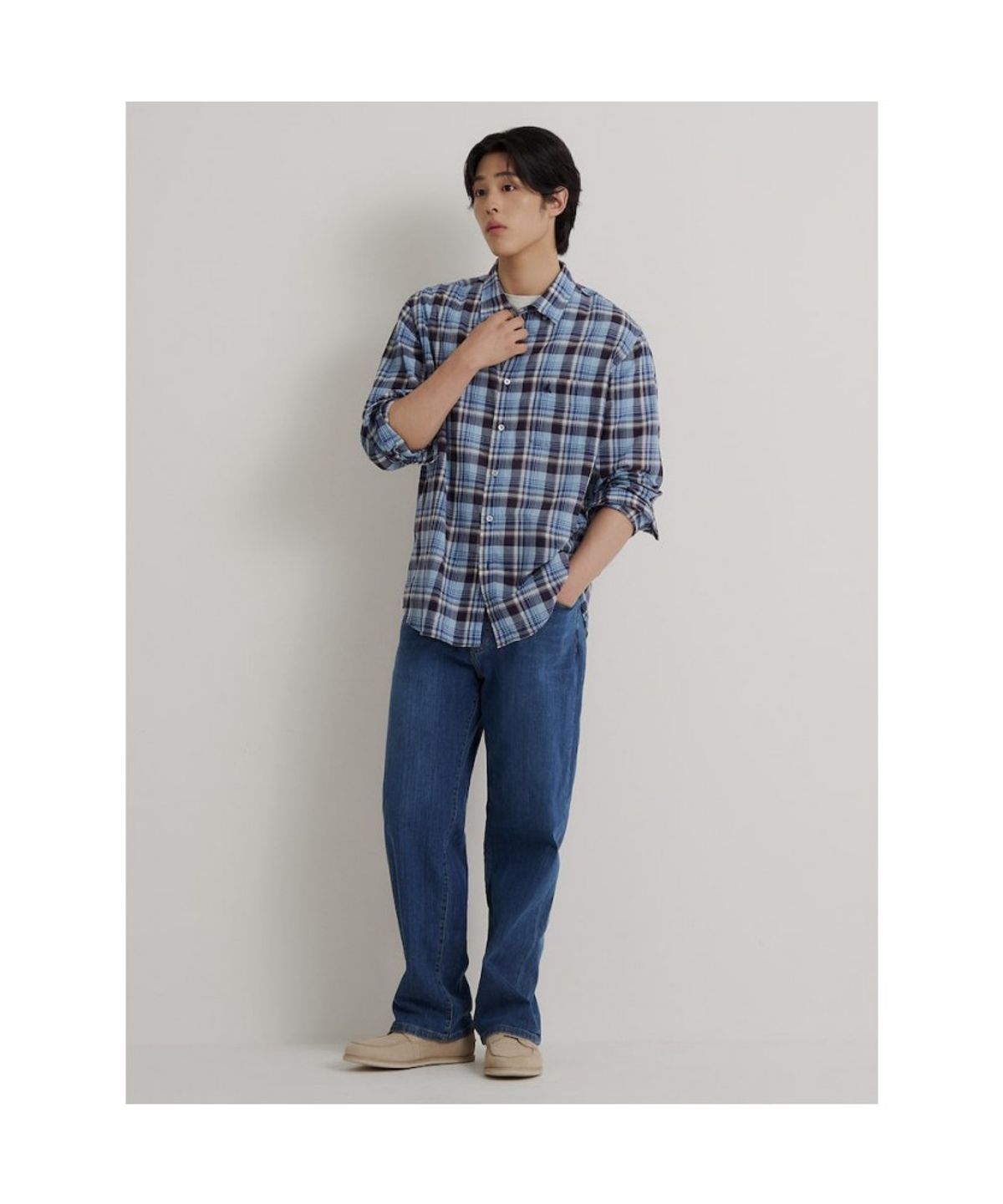 빈폴 멘(BEANPOLE MEN) 간절기 체크 긴소매 셔츠  블루