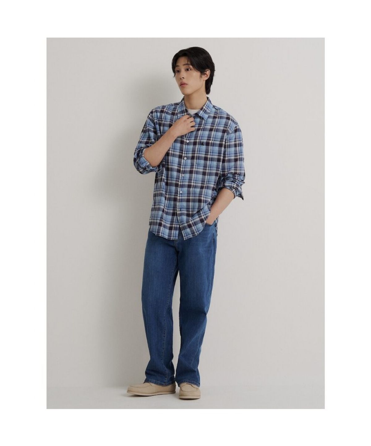 빈폴 멘(BEANPOLE MEN) 간절기 체크 긴소매 셔츠  블루