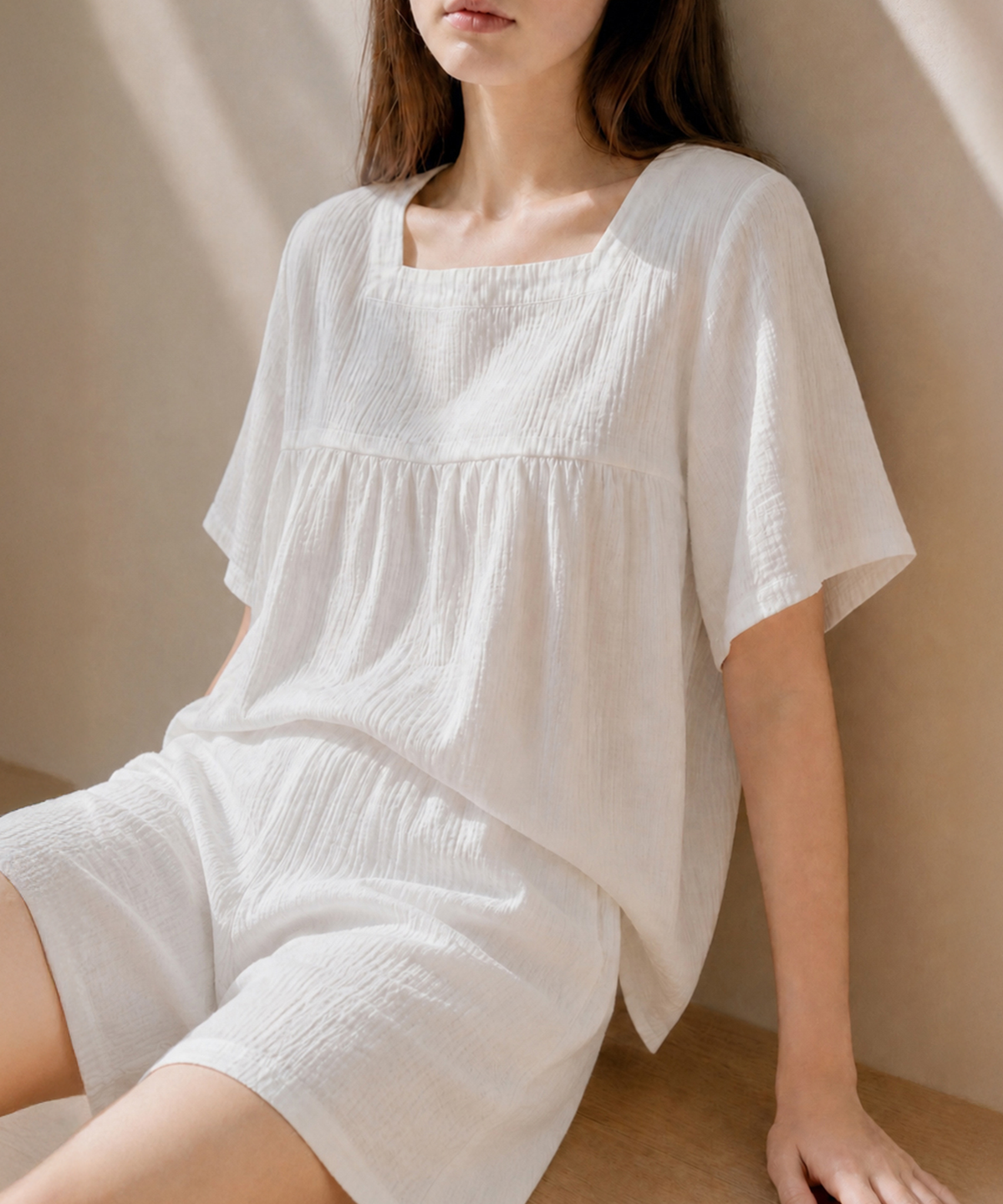 보일하우스(BOIL HOUSE) Airy Cotton Shirring Pajama Set (misty white)