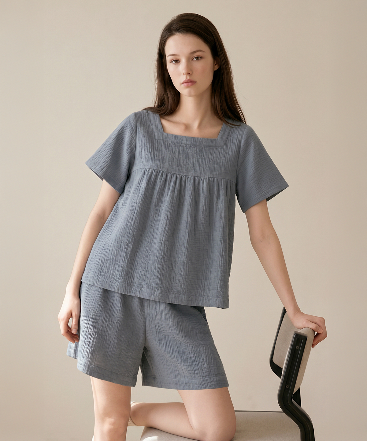 보일하우스(BOIL HOUSE) Airy Cotton Shirring Pajama Set (blue grey)