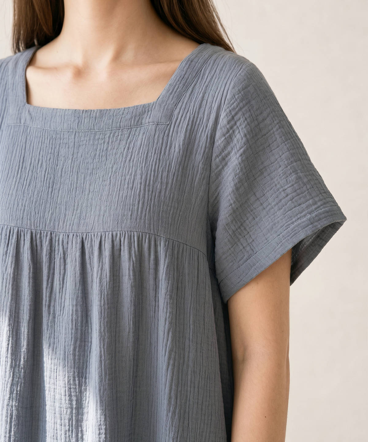 보일하우스(BOIL HOUSE) Airy Cotton Shirring Long One Piece (blue grey)