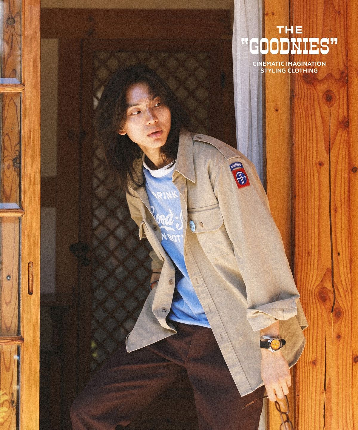 굿니스(GOODNIES) 밀리터리 오피서 카키 치노 셔츠