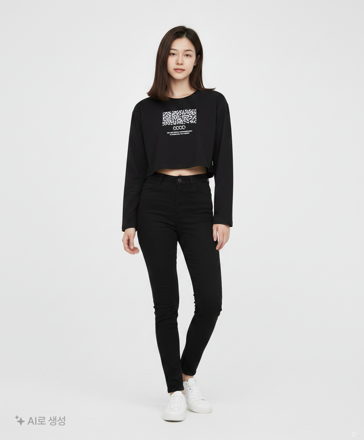 맥나인도씨(MAC 9ºC) 호피 긴팔 크롭 티셔츠_블랙 FREE