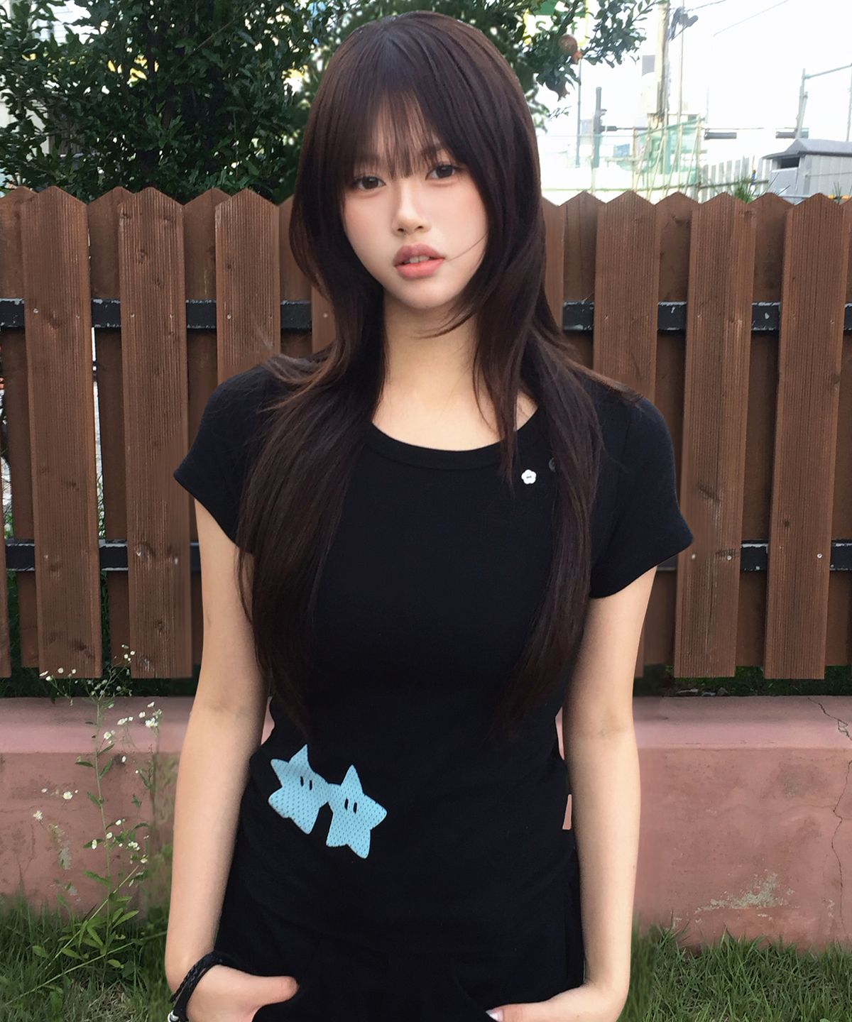 퍼지스캔(FUZZY SCAN) 버튼 홀드 핸드 스타 슬림반팔 블랙