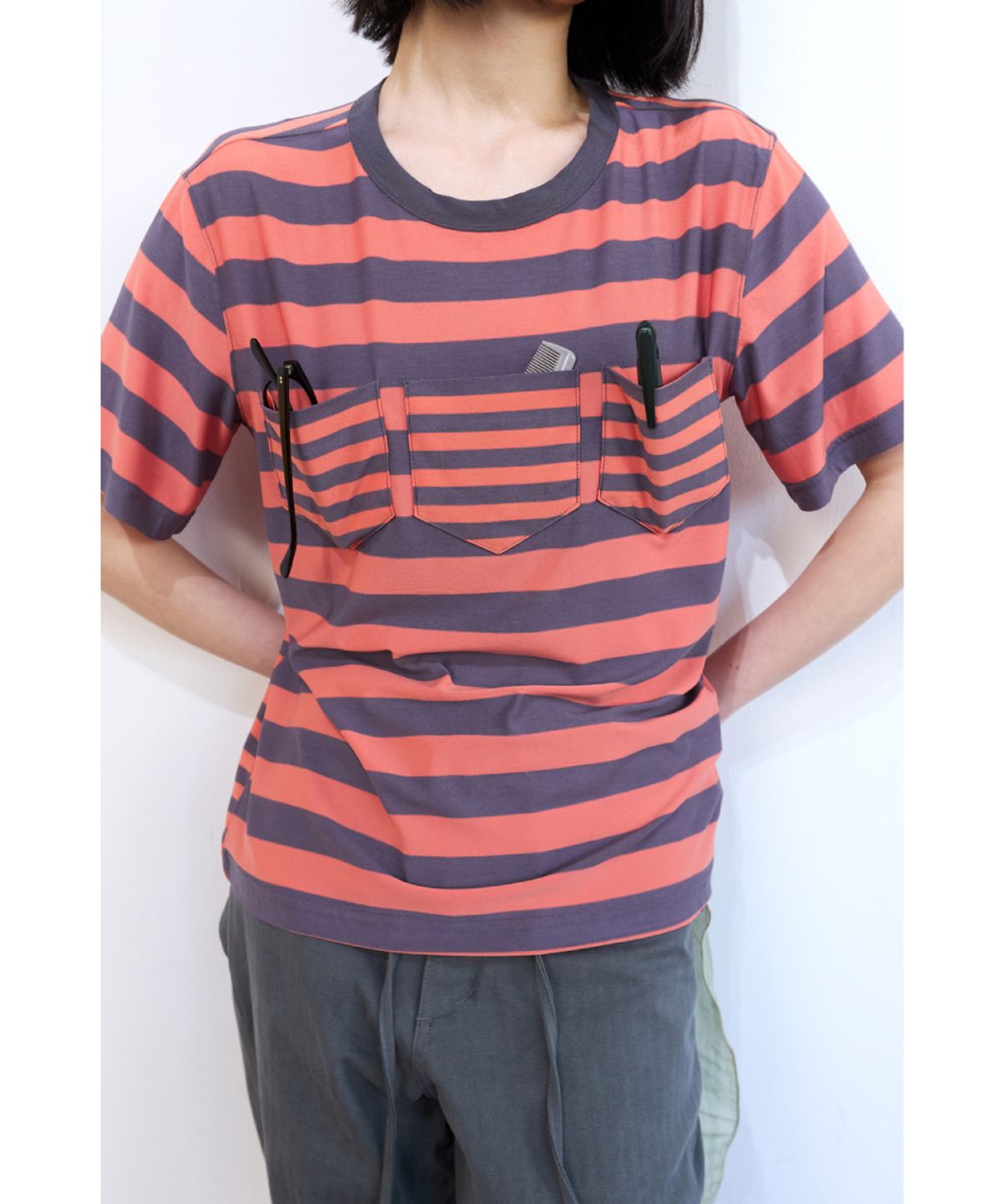해칭룸(HATCHINGROOM) Triple Pocket Tee Stripe Orange