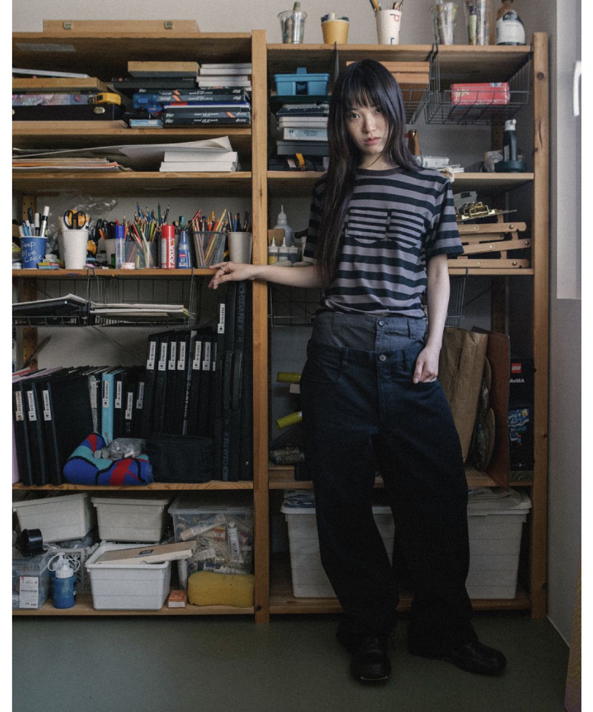 해칭룸(HATCHINGROOM) Triple Pocket Tee Stripe Brown Charcoal