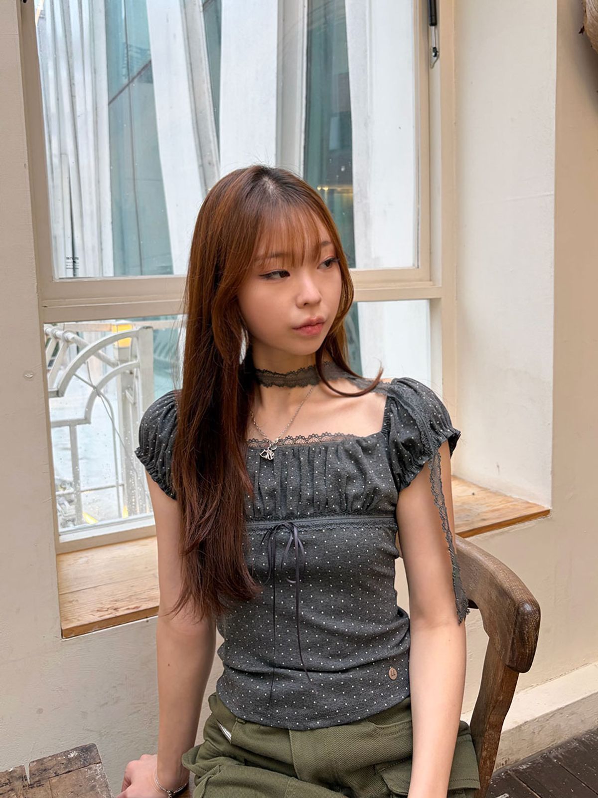 쿨키튼(KOOLKITTEN) Tiny Dot Shirred Ribbon Puff Top 3colors