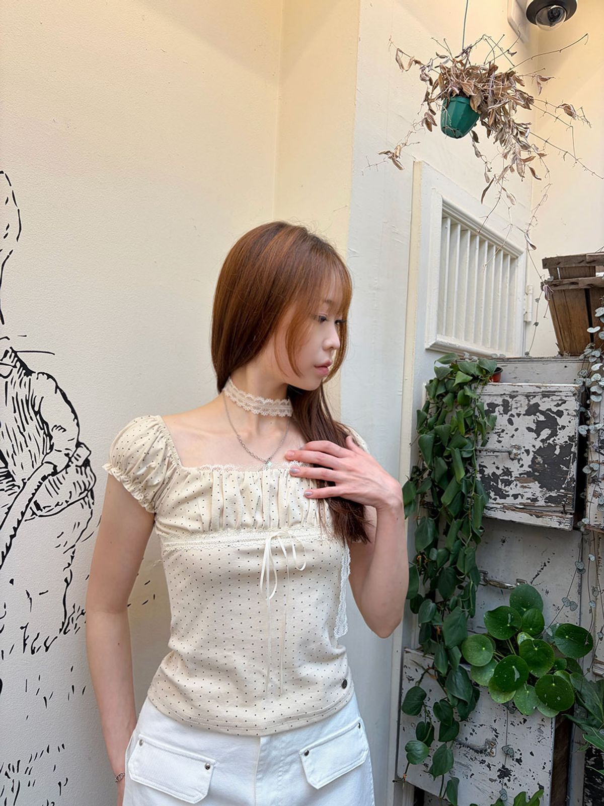 쿨키튼(KOOLKITTEN) Tiny Dot Shirred Ribbon Puff Top 3colors