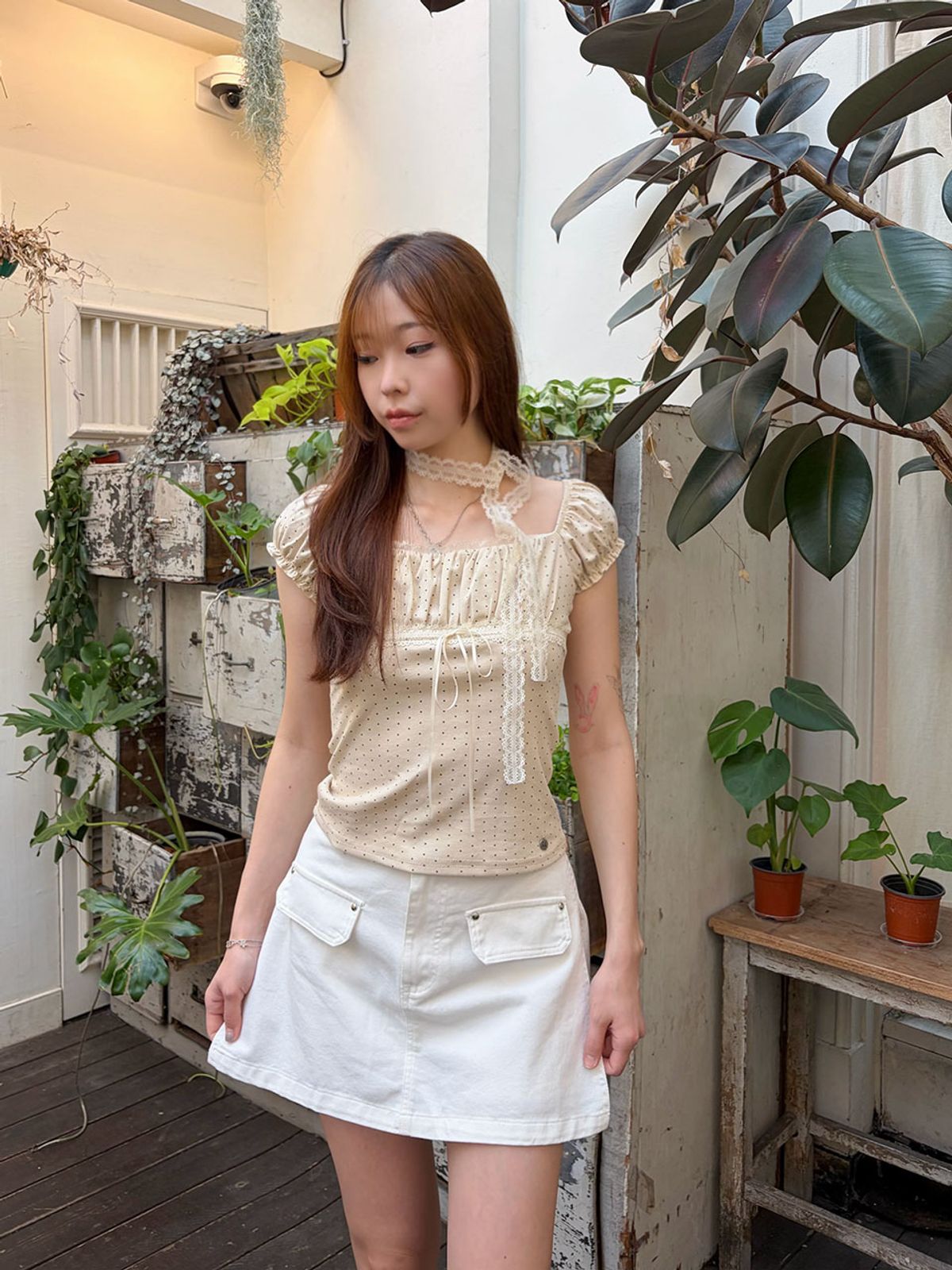 쿨키튼(KOOLKITTEN) Tiny Dot Shirred Ribbon Puff Top 3colors