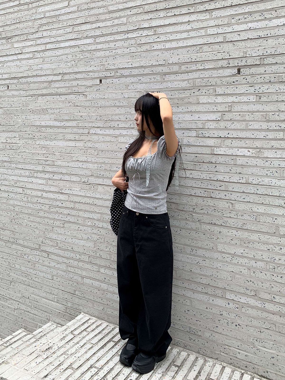쿨키튼(KOOLKITTEN) Tiny Dot Shirred Ribbon Puff Top 3colors