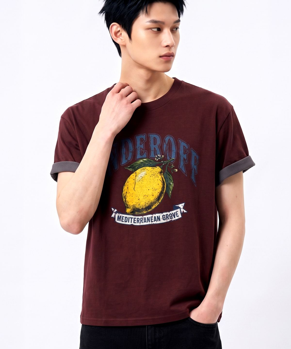 언더오프(UNDEROFF) 롤업 슬리브 크롭 반팔 티셔츠 빈티지레몬 버건디