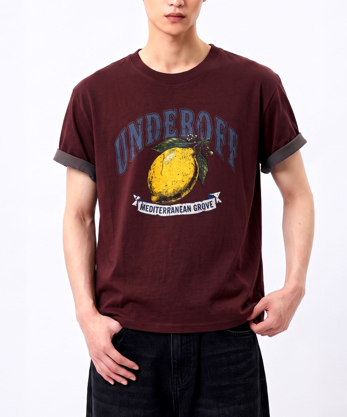 언더오프(UNDEROFF) 롤업 슬리브 크롭 반팔 티셔츠 빈티지레몬 버건디