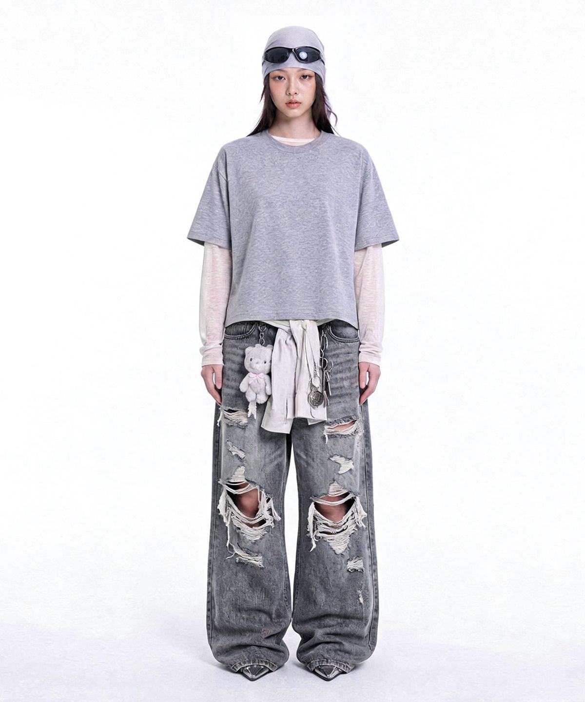 씨웨어 바이 더 지니어스(C WEAR BY THE GENIUS) 오버사이즈 크롭 티셔츠 그레이