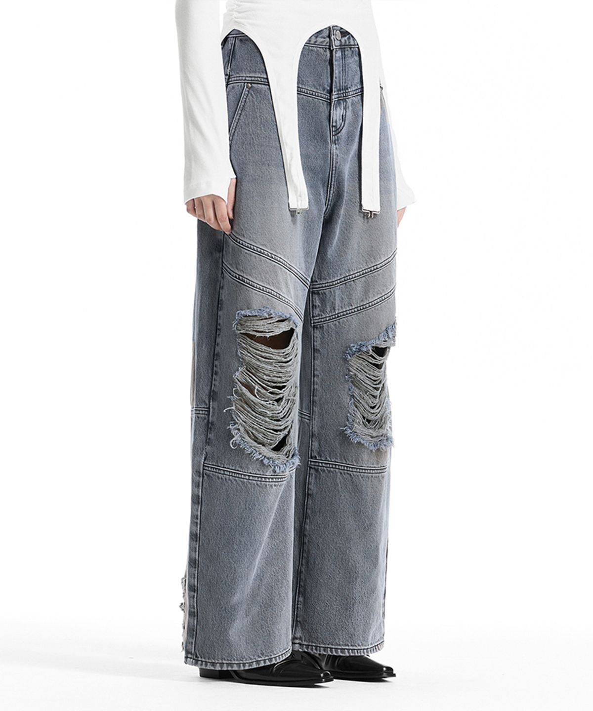 트리밍버드(TREEMINGBIRD) Double Belt Loop Distressed Balloon Denim [ Blue ]