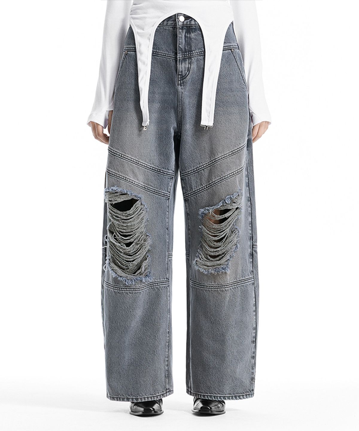 트리밍버드(TREEMINGBIRD) Double Belt Loop Distressed Balloon Denim [ Blue ]
