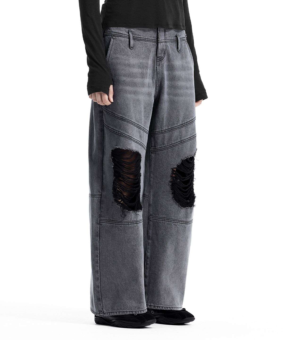 트리밍버드(TREEMINGBIRD) Double Belt Loop Distressed Balloon Denim [ Gray ]