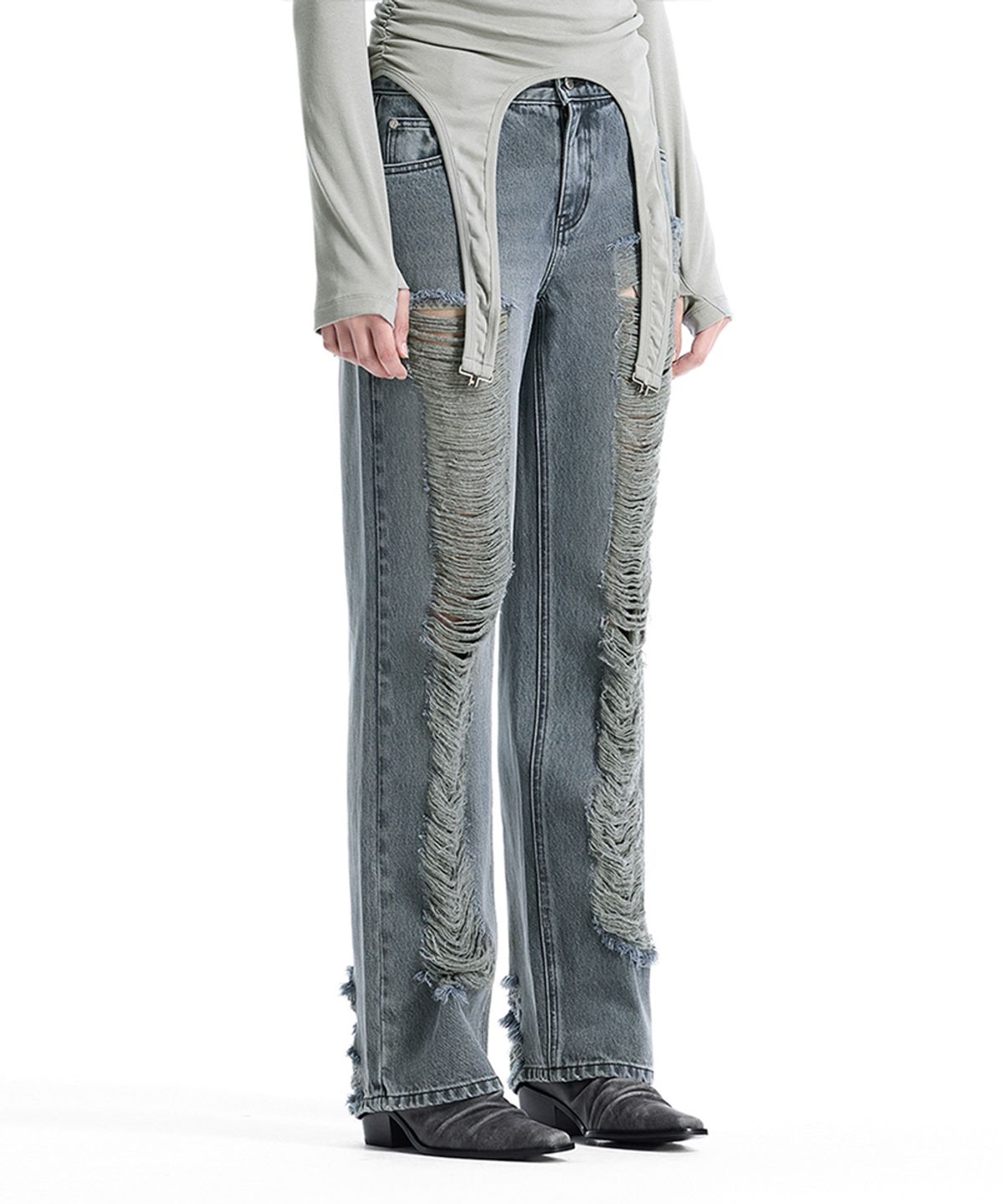 트리밍버드(TREEMINGBIRD) Low-Rise Scratch Damage Slim-Fit Denim [ Blue ]