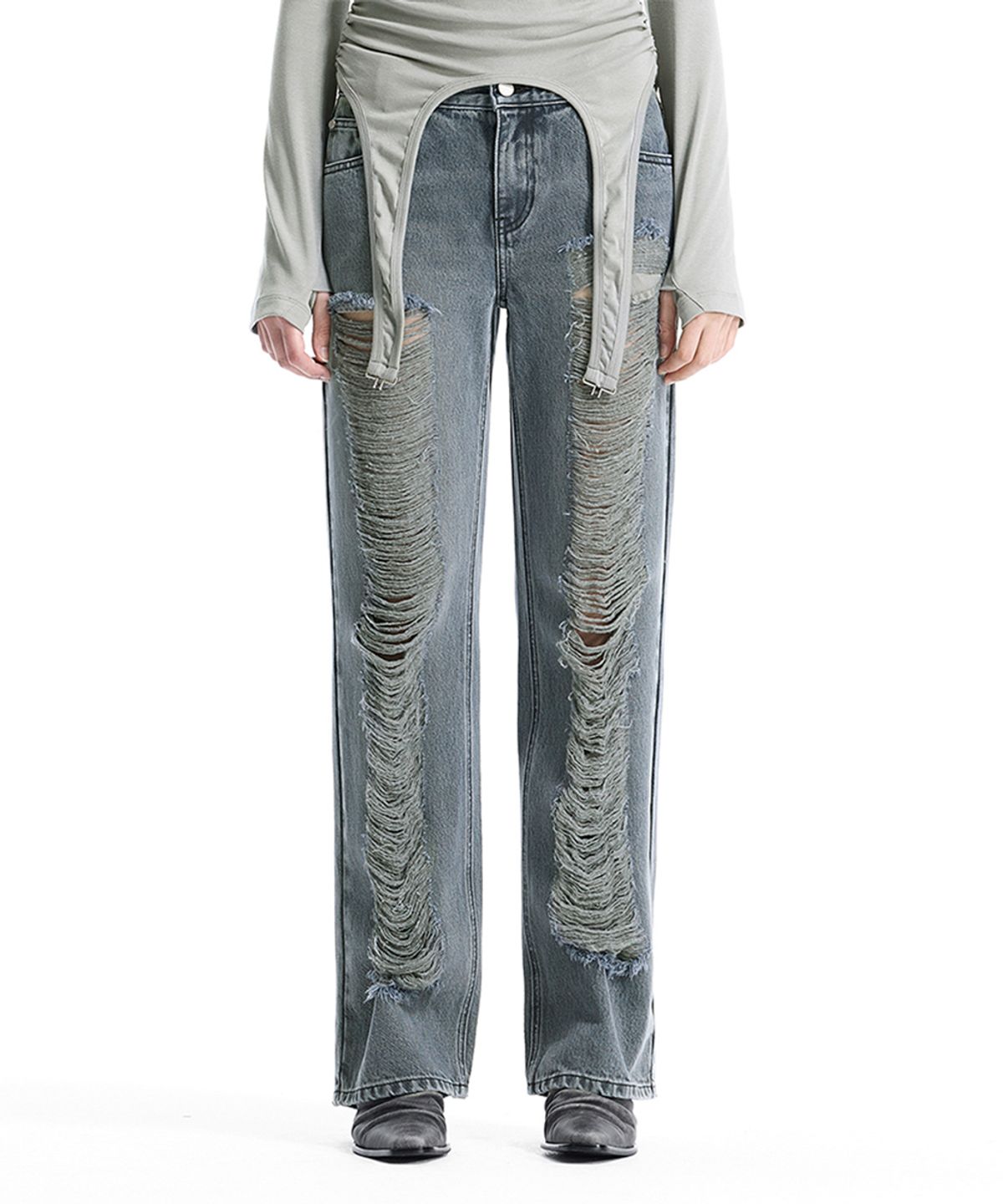 트리밍버드(TREEMINGBIRD) Low-Rise Scratch Damage Slim-Fit Denim [ Blue ]