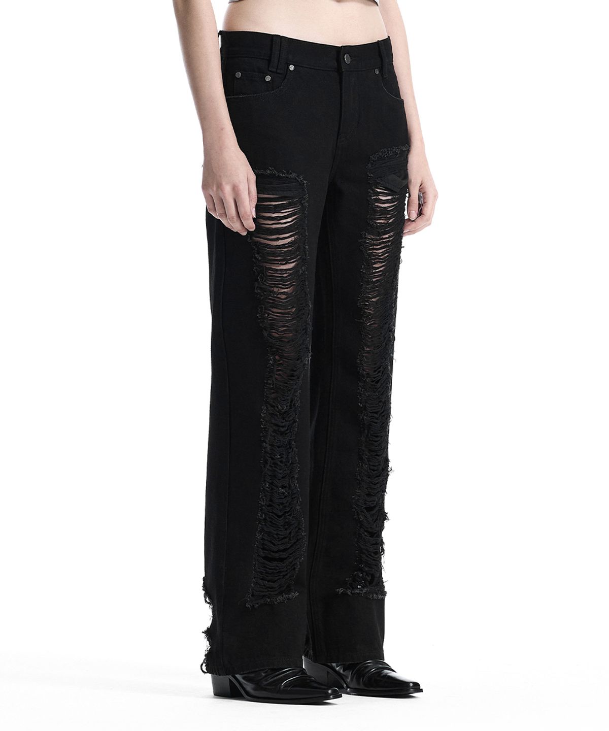 트리밍버드(TREEMINGBIRD) Low-Rise Scratch Damage Slim-Fit Denim [ Black ]