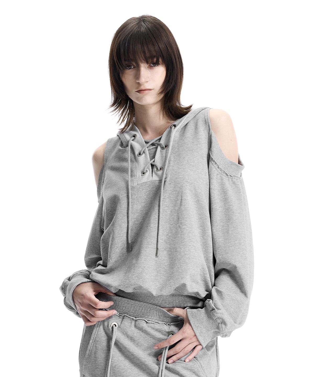 트리밍버드(TREEMINGBIRD) Lace-Up Eyelet Set-Up Hoodie [ Melange Gray ]