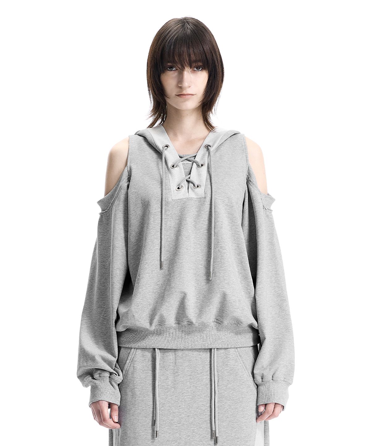 트리밍버드(TREEMINGBIRD) Lace-Up Eyelet Set-Up Hoodie [ Melange Gray ]