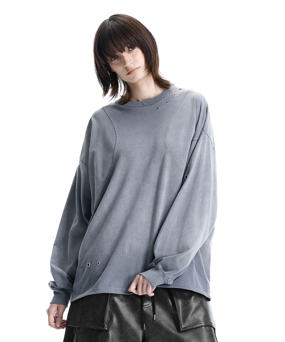 트리밍버드(TREEMINGBIRD) Eyelet Pigment-Washed Long-Sleeve Tee [ Blue ]