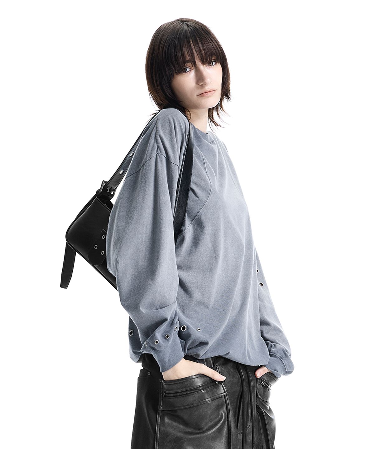 트리밍버드(TREEMINGBIRD) Eyelet Pigment-Washed Long-Sleeve Tee [ Blue ]