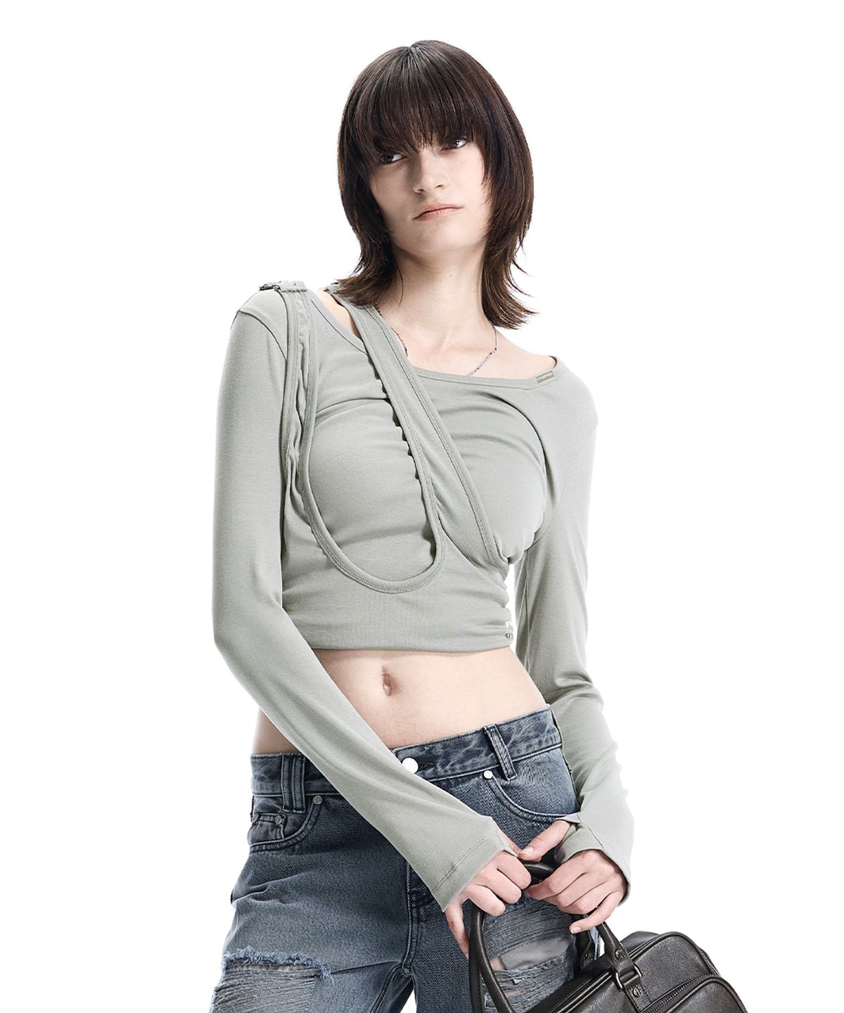 트리밍버드(TREEMINGBIRD) Garter-Hem Long-Sleeve Top [ Smoke Green ]