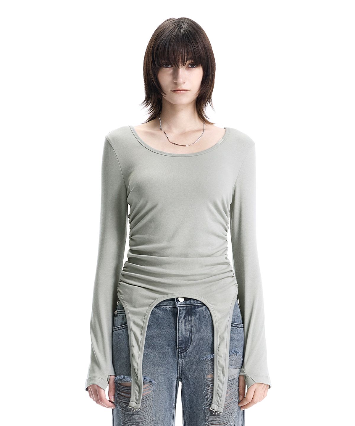 트리밍버드(TREEMINGBIRD) Garter-Hem Long-Sleeve Top [ Smoke Green ]