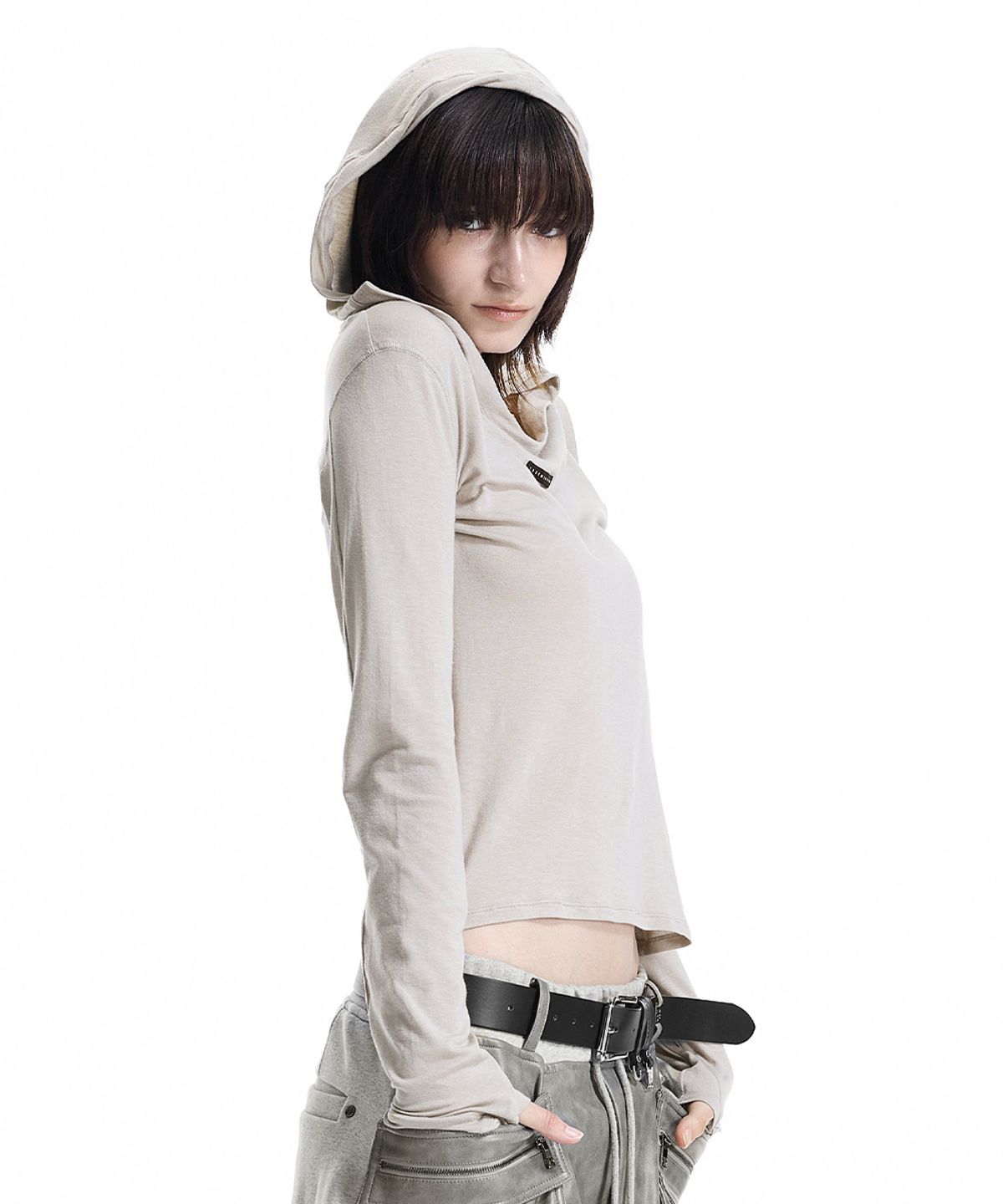 트리밍버드(TREEMINGBIRD) Raw-Cut Hooded Long Sleeve T-Shirt [ Beige ]