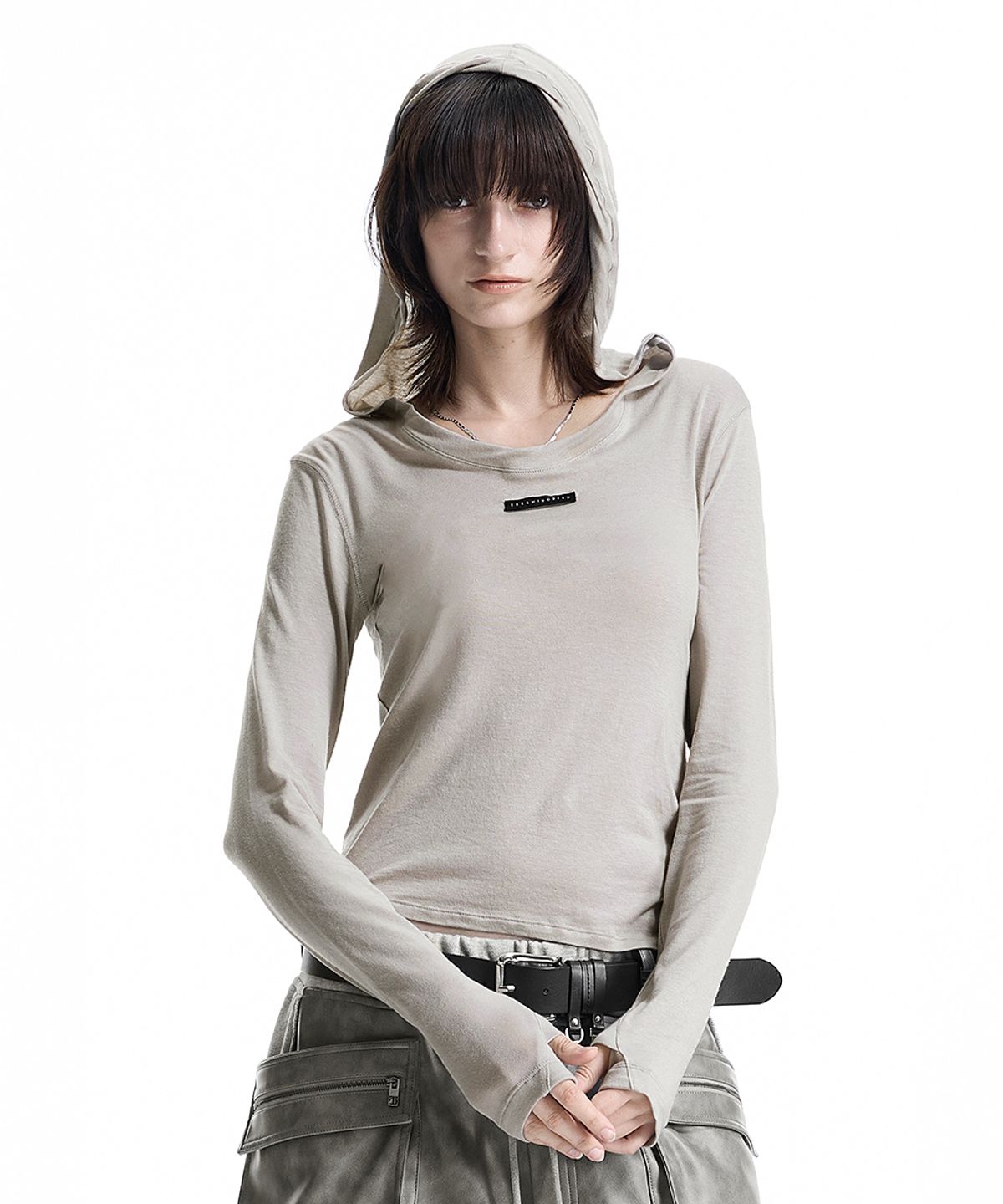 트리밍버드(TREEMINGBIRD) Raw-Cut Hooded Long Sleeve T-Shirt [ Beige ]