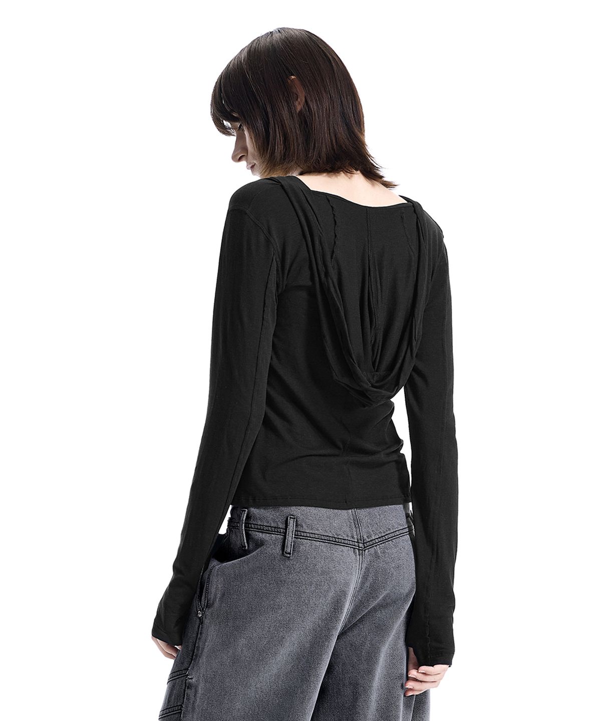 트리밍버드(TREEMINGBIRD) Raw-Cut Hooded Long Sleeve T-Shirt [ Black ]