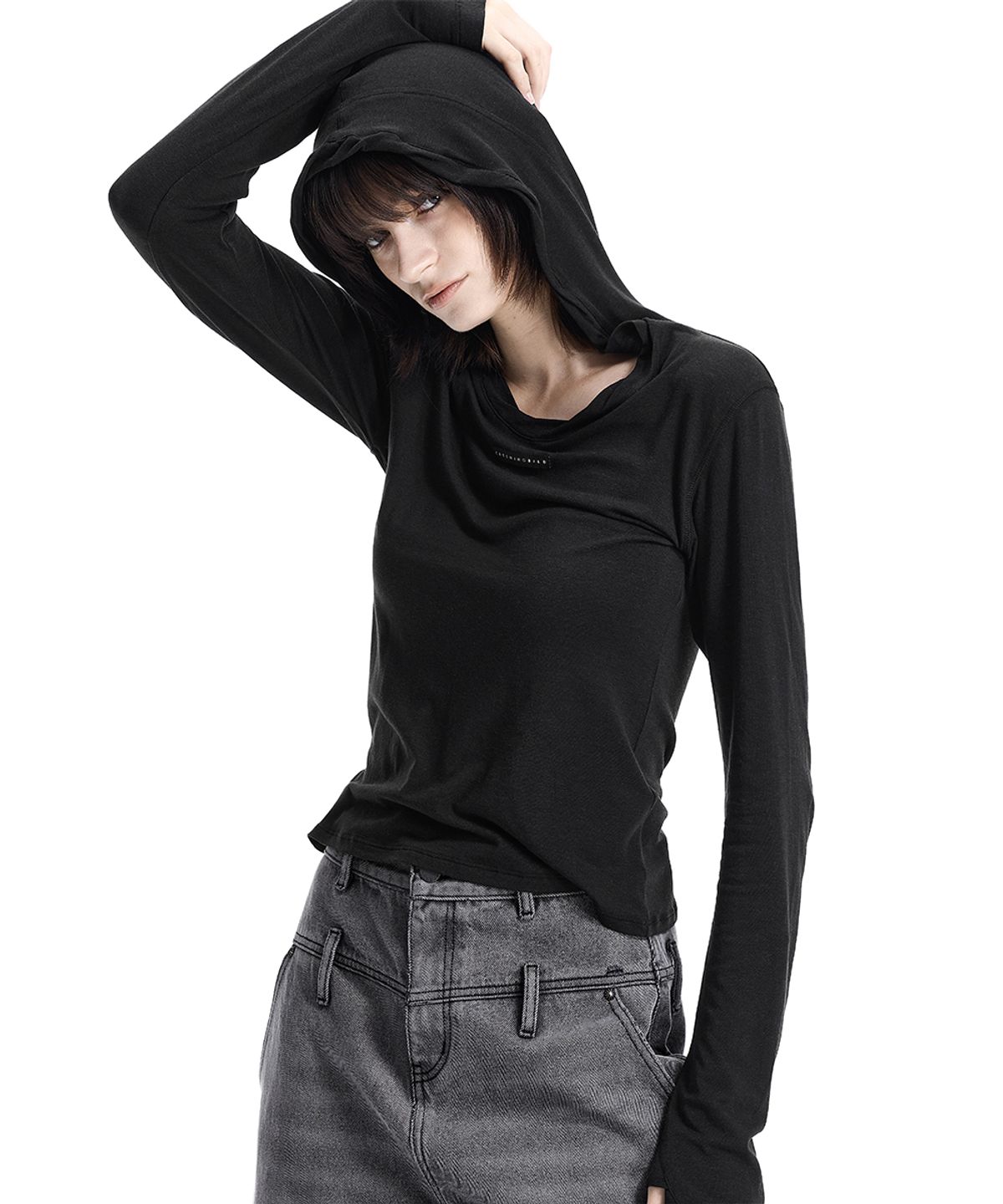 트리밍버드(TREEMINGBIRD) Raw-Cut Hooded Long Sleeve T-Shirt [ Black ]