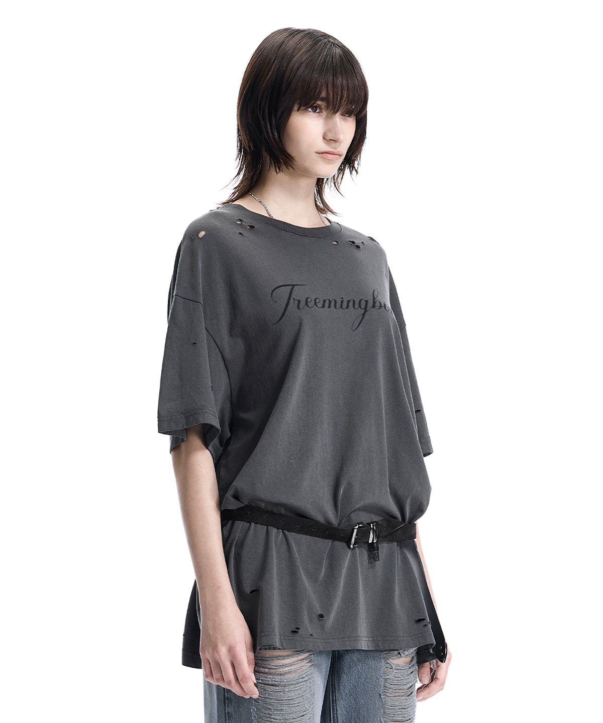 트리밍버드(TREEMINGBIRD) Distressed Logo Graphic T-shirts [ Charcoal ]