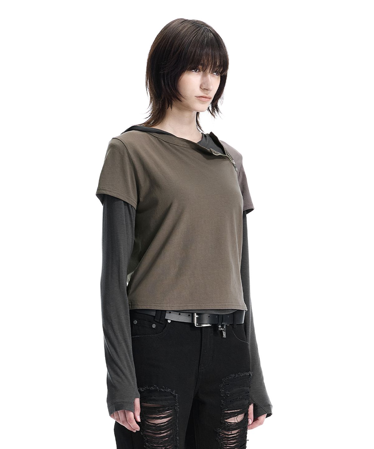 트리밍버드(TREEMINGBIRD) Zip Detail Slim Fit T-shirt [ Brown ]