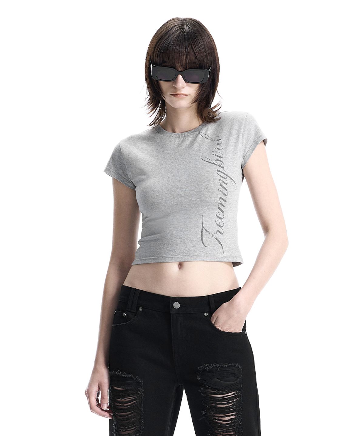 트리밍버드(TREEMINGBIRD) Script Logo Baby-Fit T-Shirt [ Melange Gray ]