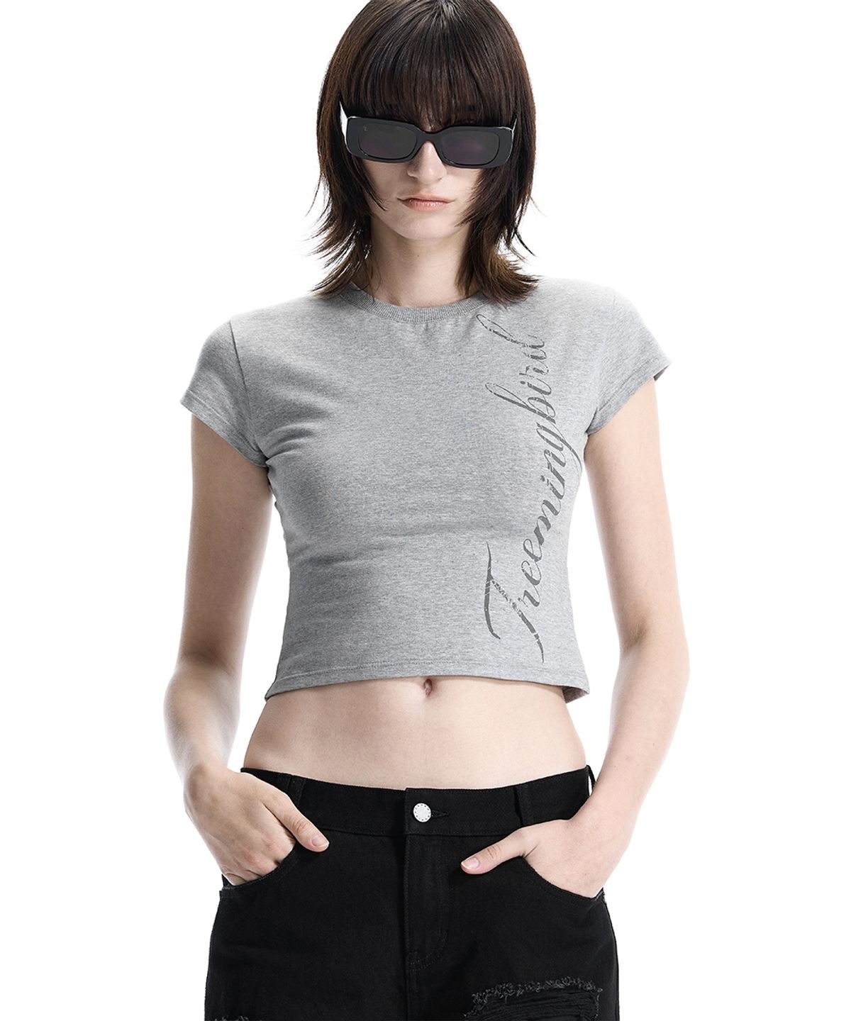 트리밍버드(TREEMINGBIRD) Script Logo Baby-Fit T-Shirt [ Melange Gray ]