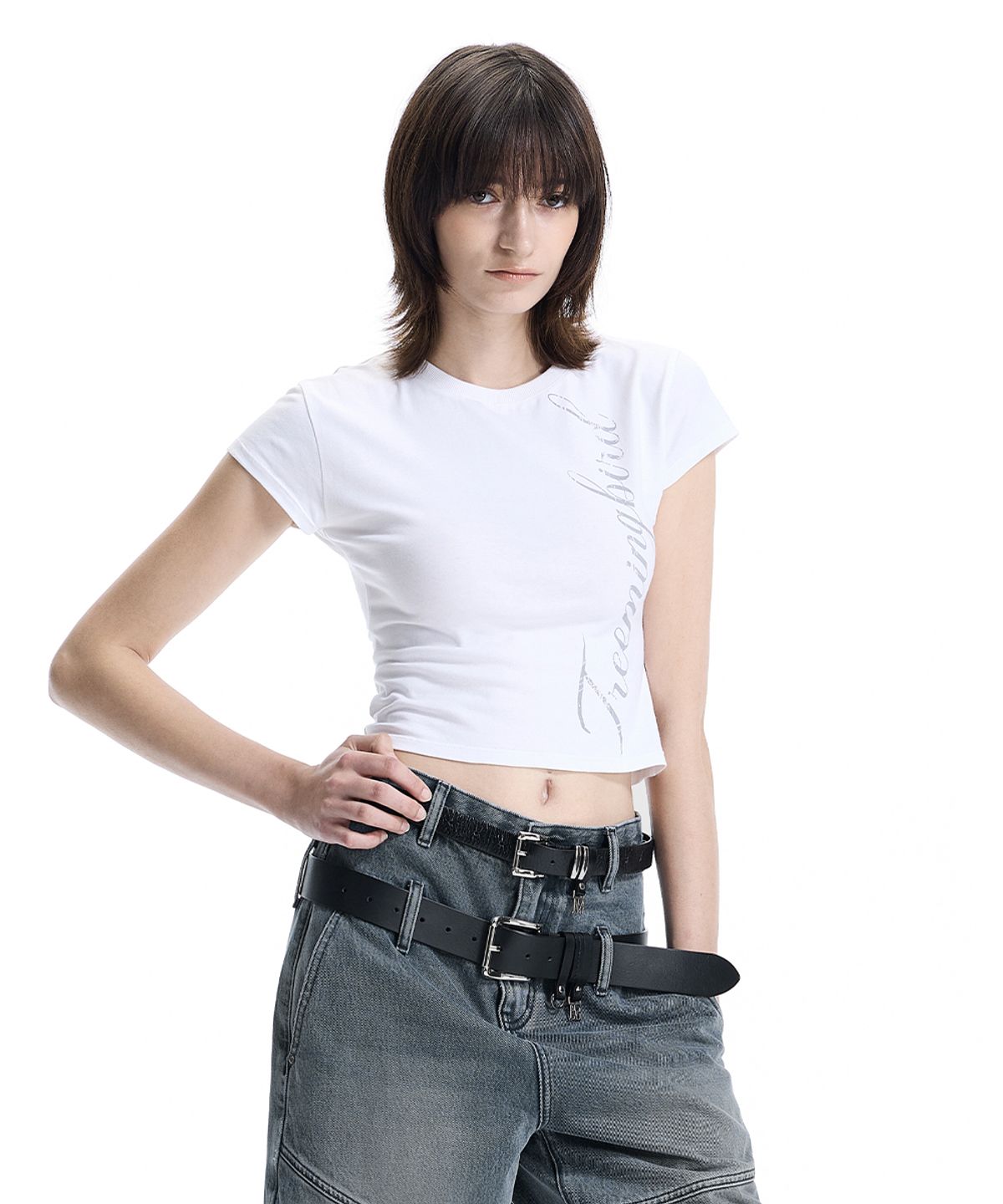 트리밍버드(TREEMINGBIRD) Script Logo Baby-Fit T-Shirt [ White ]