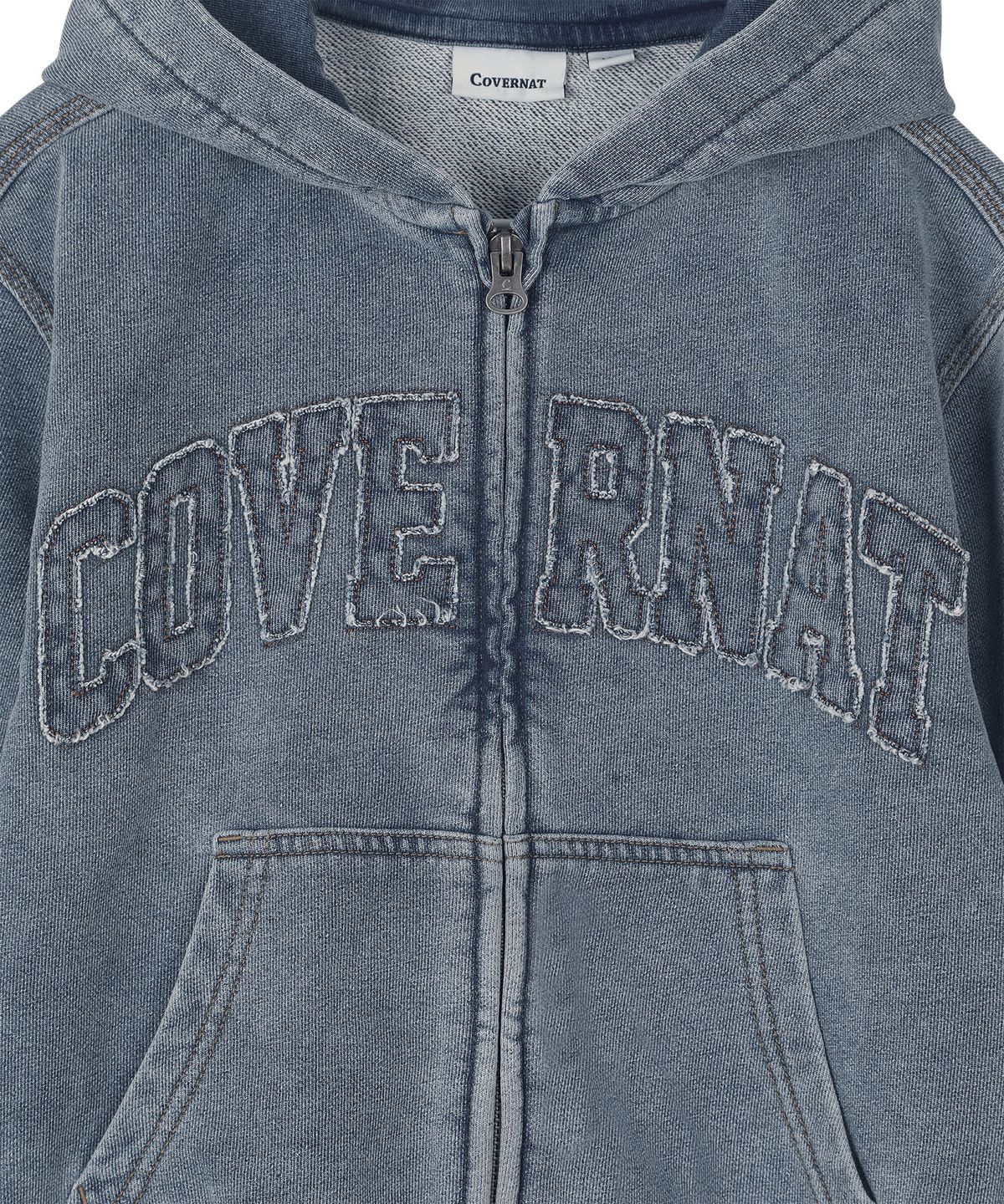 커버낫 키즈(COVERNAT KIDS) 데님저지 오버핏 아치로고 후드집업 블루 CK2603HZ06BL